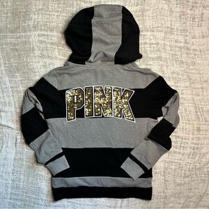 PINK Victoria's Secret • Black and Gray Striped Hoodie Gold Sequins • Size Small